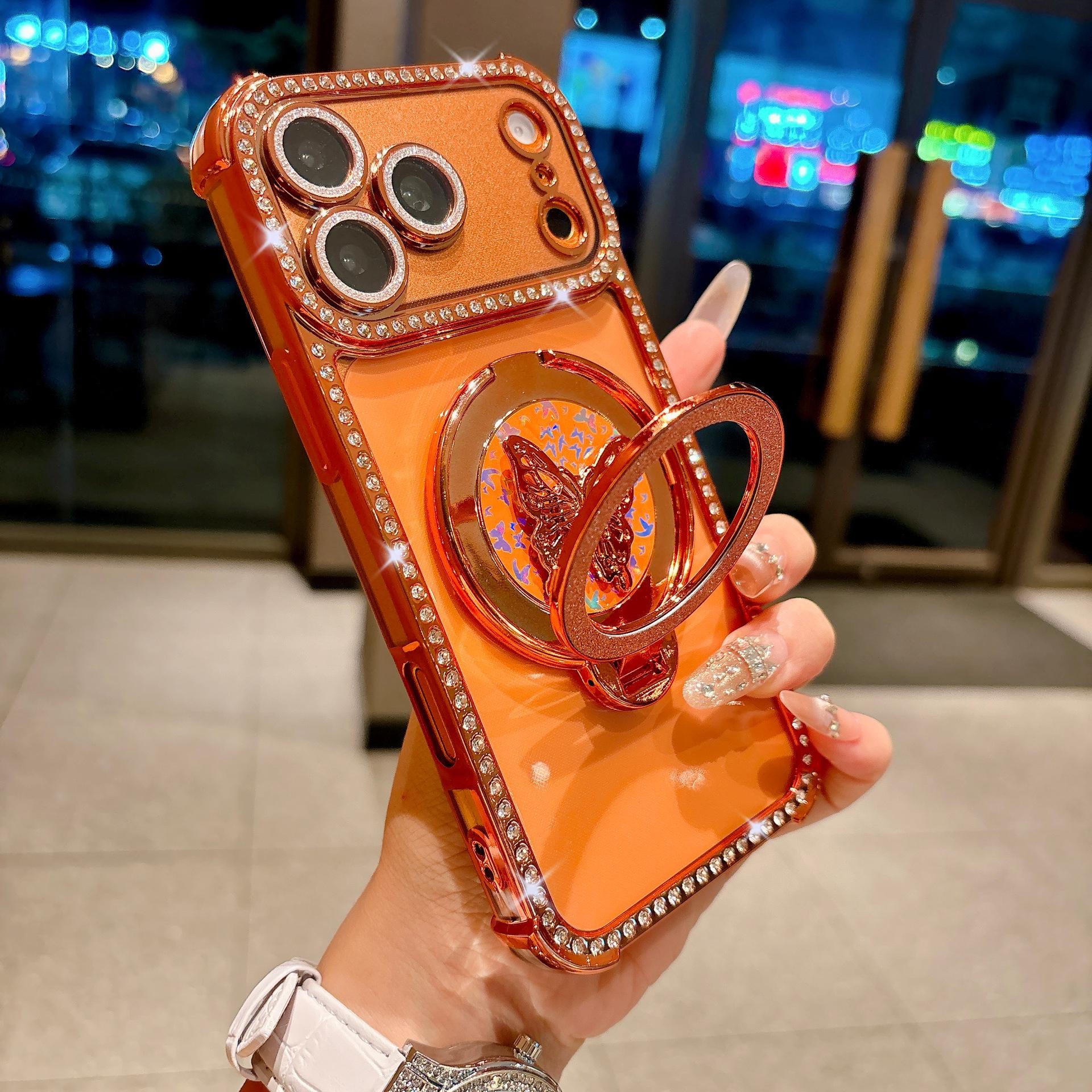 

Butterfly Glitter Rotating Stand iPhone 17 Case with Rhinestone Electroplated Soft Protection. 15 Pro оранжевый