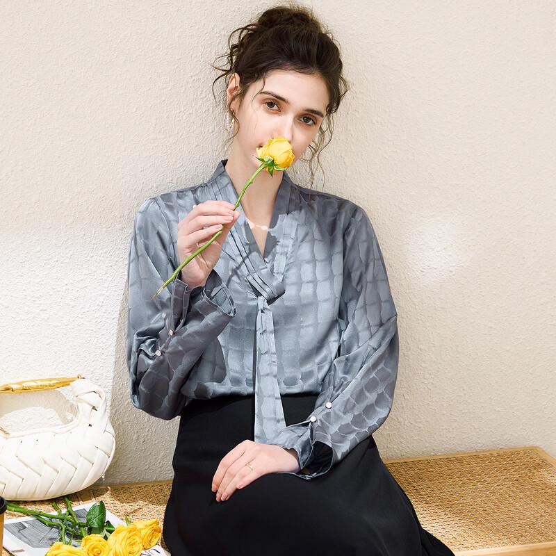 TUHUANG 100% Mulberry Silk Plaid V-Neck Blouse L