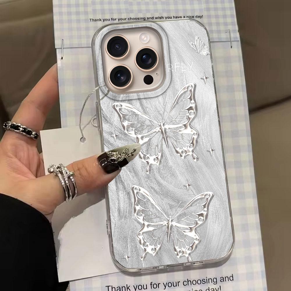 Laser Silver Butterfly Feather Texture Women Phone Case for iphone 16 15 14 7 8 Plus 13 11 12 Pro Max X XS XR SE 2022 16e Cover