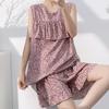 Anti-bumping Pajamas Women's Summer Vest Shorts Set Cotton and Silk Loungewear Can Be Worn Outside Loose Large Size Sweet and Cute
