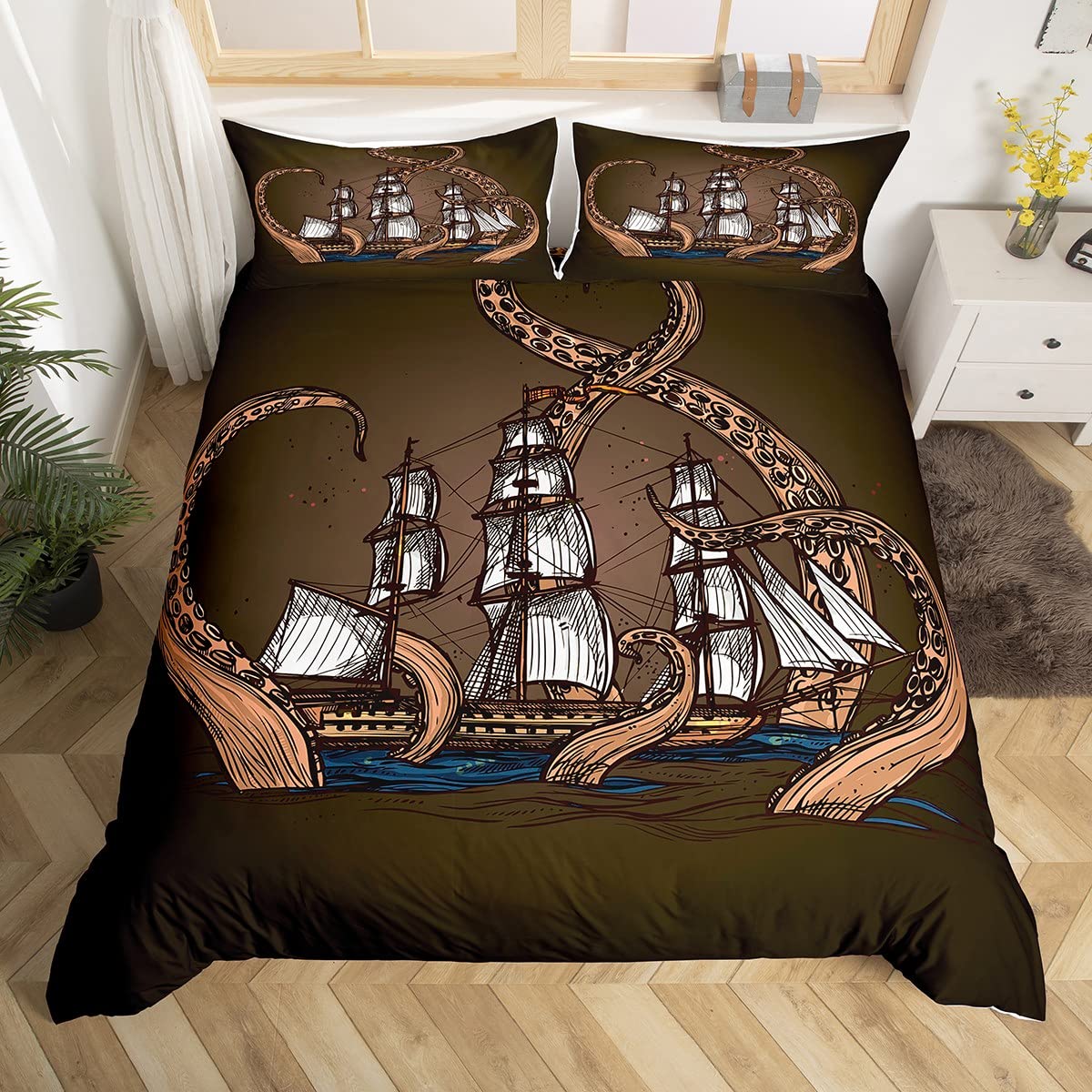 Zeilboot Dekbedovertrek Set Twin King Queen Maat Nautisch Thema Meeuw Beddengoed Set Microvezel Rustiek Houten Planken Dekbedovertrek EU single(135x200cm)