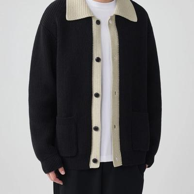 Fashion Contrasting Color Lapel Knitted Cardigan Coat Autumn Winter Handsome Sweater Jacket Men's
