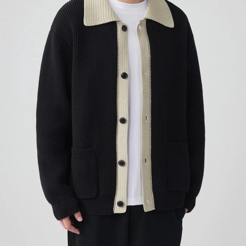 

Fashion Contrasting Color Lapel Knitted Cardigan Coat Autumn Winter Handsome Sweater Jacket Men s S