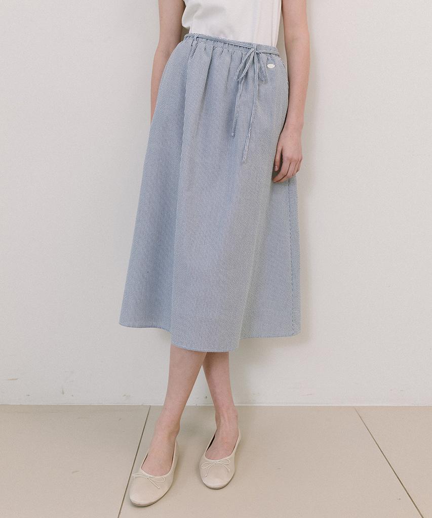 LAMINEZ Striped Flare Long Skirt - Navy