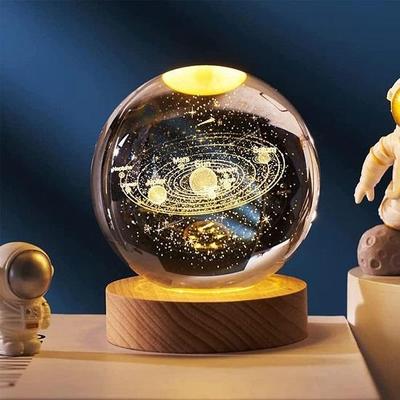 Kristal Küre Gece Lambası, 6.0 9cm Cam Küre Gece LED Lambası Ahşap Tabanlı, Dekorasyon Hediyeleri
