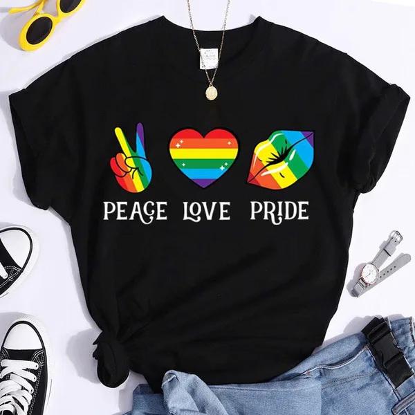 Frieden Liebe Stolz Bunter Druck Damen T-Shirt Kurzarm Rundhals Locker Damen T-Shirt Damen T-Shirt Tops Camisetas Mujer
