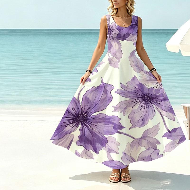 Summer Bohemian Big Floral Lightweight Sleeveless Flowy Maxi Dress for Beach Vacation Casual Wear