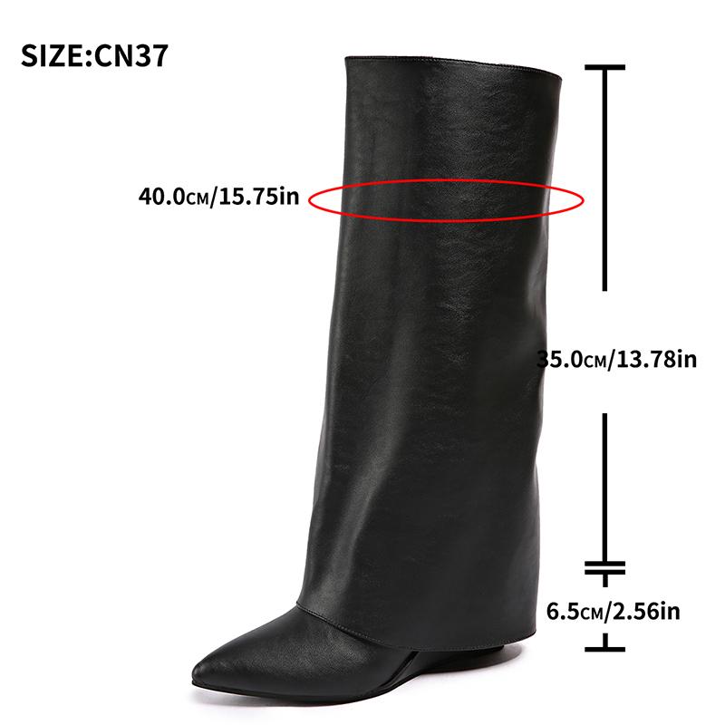 Mode Mode Bottes Hautes au Genou à Jambes Larges pour Femmes Bout Pointu Talon Compensé Chaussures d'Hiver Femme Style Street Cuir PU Noir Bottes Longues