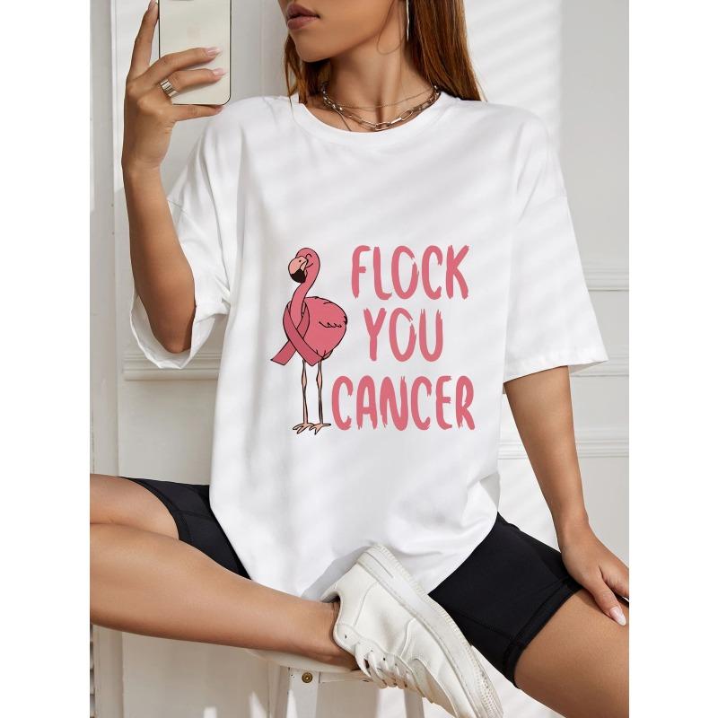 Vintage Oversized T-Shirt mit rosa Flamingo-Print – "FLOCK YOU CANCER" Krebsbewusstseins-Oberteil mit positivem Thema