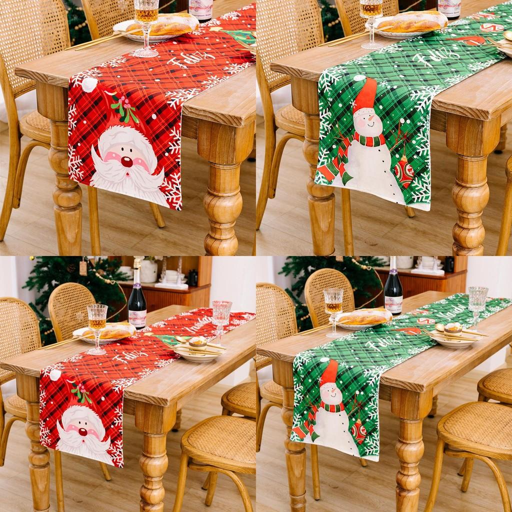 Festive Christmas Table Runner With Red Green Plaid Snowman Print For Holiday Decor