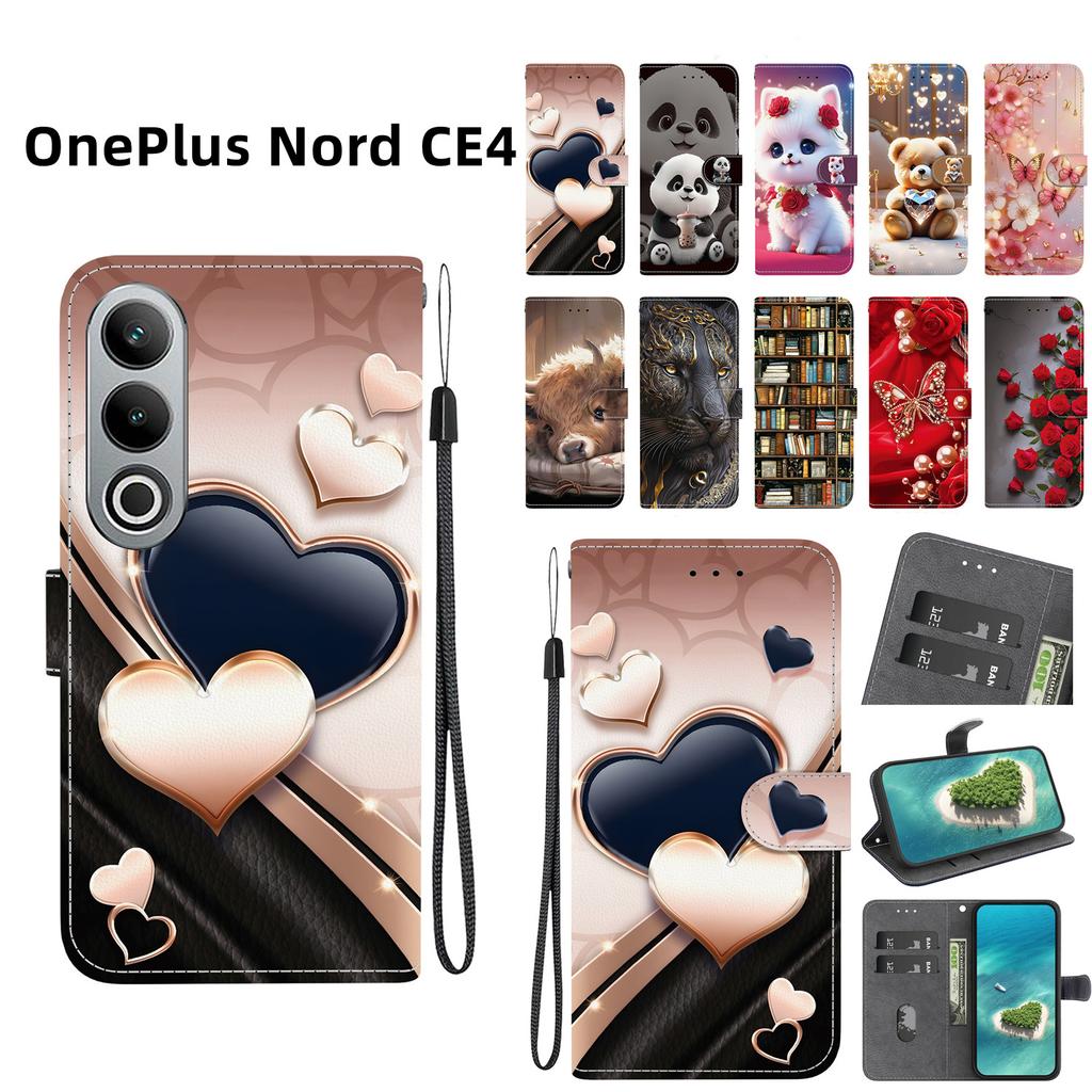 Handgefertigte PU-Leder-Klapphülle für OnePlus Nord CE4 Rutschfeste stoßfeste Hülle mit Handschlaufe & Herz-/Rosen-Katzen-Designs