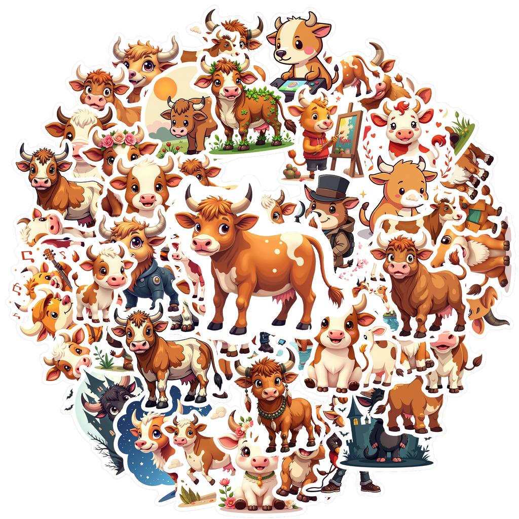 35-150pcs Cartoon Ox Graffiti Sticker Kawaii Animal Decals Laptop Helmet Luggage Guitar Aesthetic Stickerss