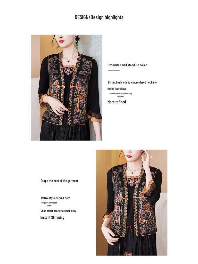 2024 Retro Etnisk Kinesisk Stil Brodert Reversibel V-hals Vest for Kvinner
