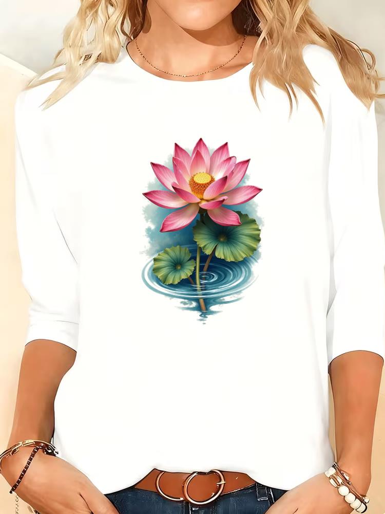 

(Asian Size) Women Clothing Long Sleeve T Shirt Tee Print autumn winter spring Casual Fashion watercolor cute Top o-neck Graphic T-shirts S