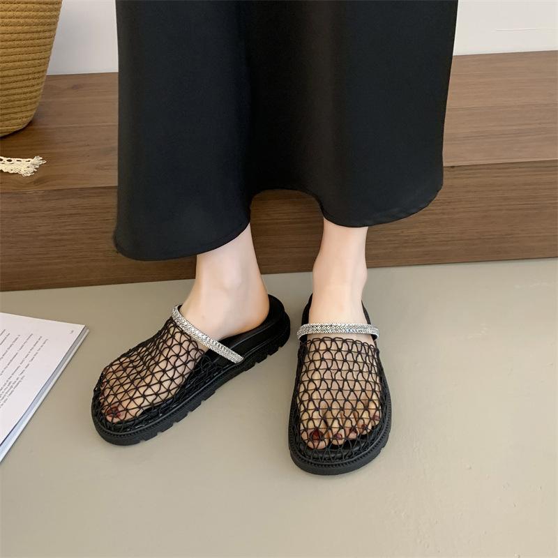 Mesh woven slippers round head hollow outer wear non-slip slippers 2025 new thick-soled one-pedal bag head cool slippers