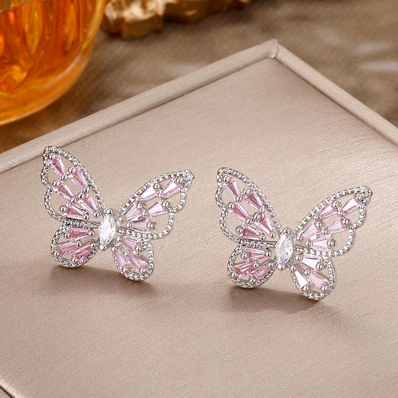 Korean Fashion Rhinestone Butterfly Jewelry Set: Necklace, Ring & Earrings with Zircon Inlay - Fairy Style Elegance for Women.