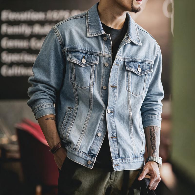 GUANGAN Men's American Style Casual Denim Jacket