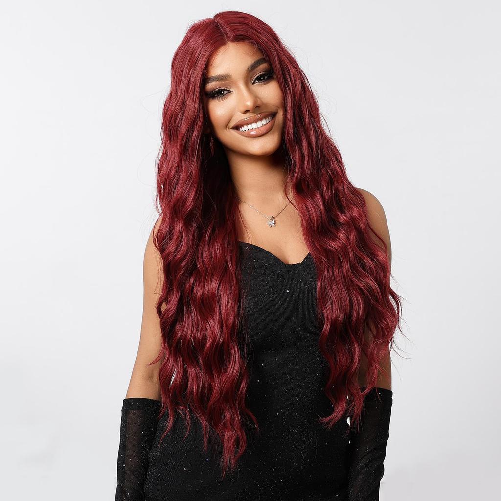 ALAN EATON Synthetic Wine Red Lace Front Wigs Long Water Wave  Wig for Women Hair Party Daily High Quality High Density