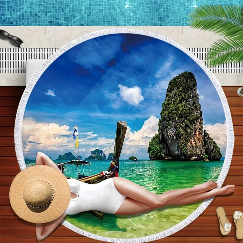 Summer Round Beach Towel Flamingo Tropical Plant With Drawstring Backpack Bag Bath Shower Towels Bikini Cover Up Pool Towel
