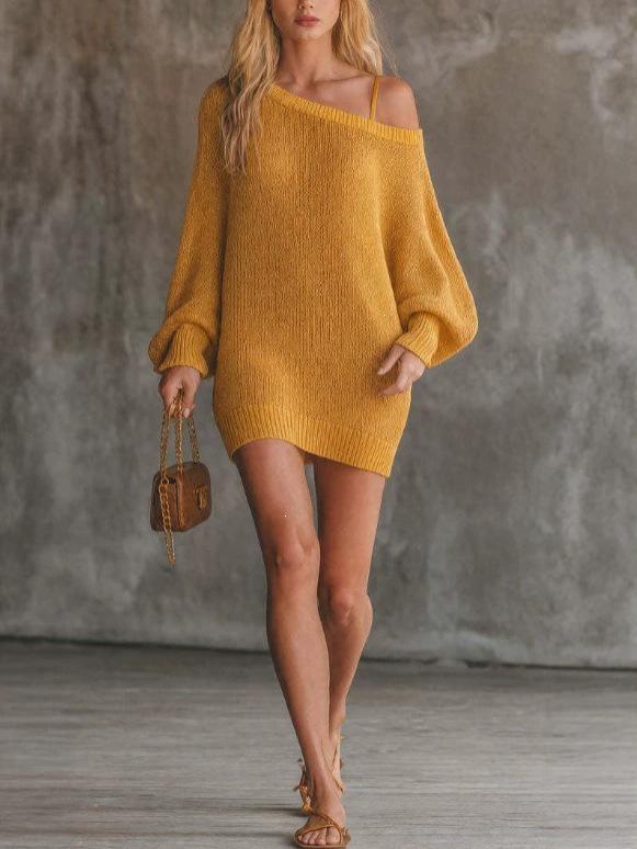 2026 European & American Style Off-Shoulder Knit Dress for Women with Loose Lantern Sleeves in Soft, Fluffy Wool