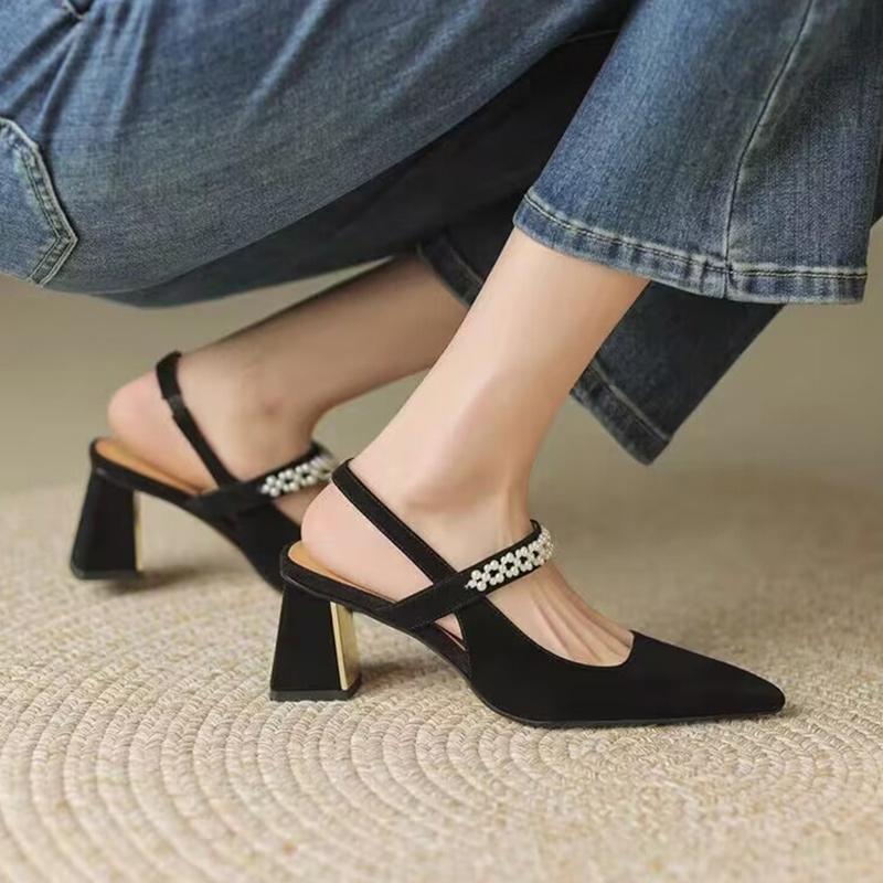 Baotou sandals women's summer French evening breeze gentle high heel thick heel niche black temperament pointed Mary Jane single shoes