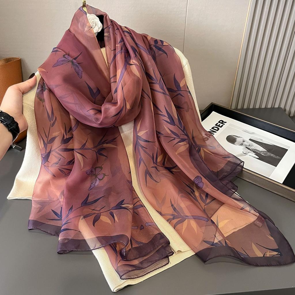 Eșarfă elegantă de mătase pentru femei, accesoriu cu stil casual imprimat, respirabilă, decorativă, rezistentă la soare, șal de mătase cu model floral pentru weekend casual