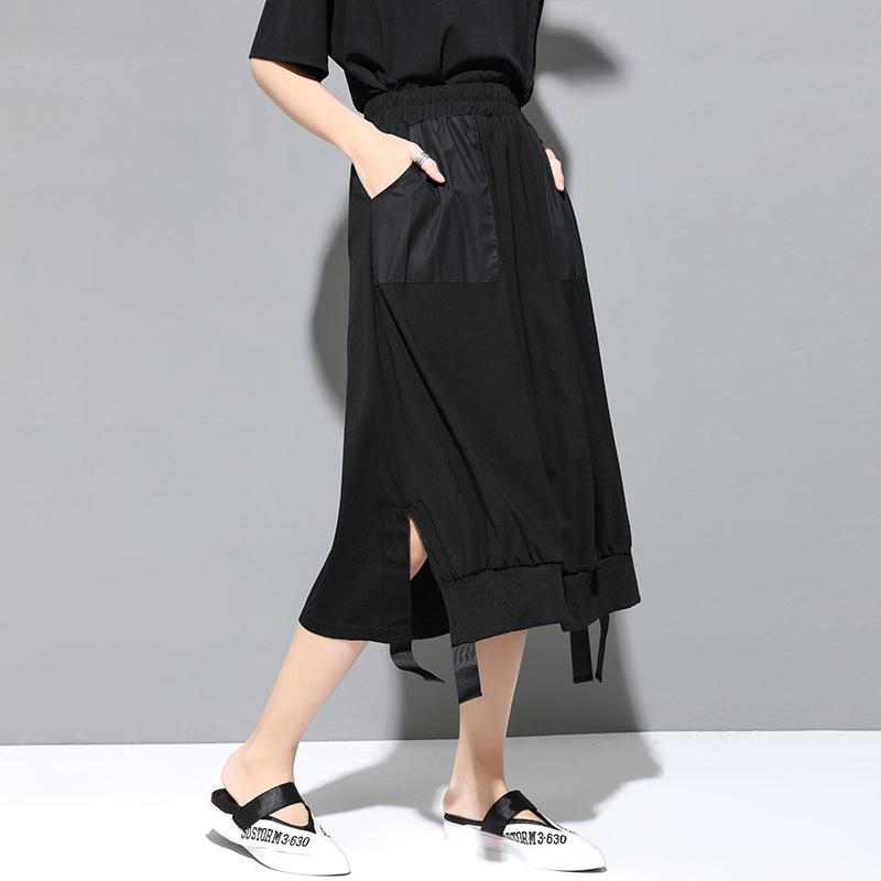 Summer Women's Dark Cold Style A-Line Skirt with Slit, Patch Pocket, and Elastic Waist