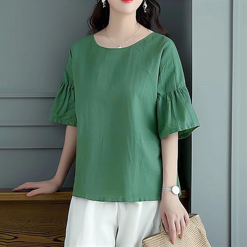 

ZANZEA Женская повседневная летняя блузка с круглым вырезом и оборками, рукав до локтя 2XL зелёный