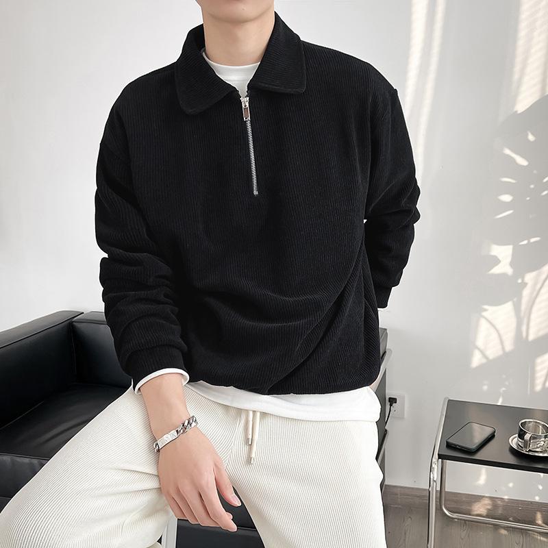 Men Vertical Striped Top Half Zipper Turn-down Collar Corduroy Loose Solid Color Long Sleeves Pullover Shirt Daily Wear