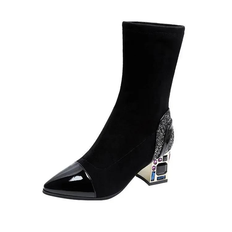 Women's Boots Fabric High Heel Autumn Sock Boots Women Fashion Zipper Pumps Pointed Toe Slip on All-match Single Boots Size35-40