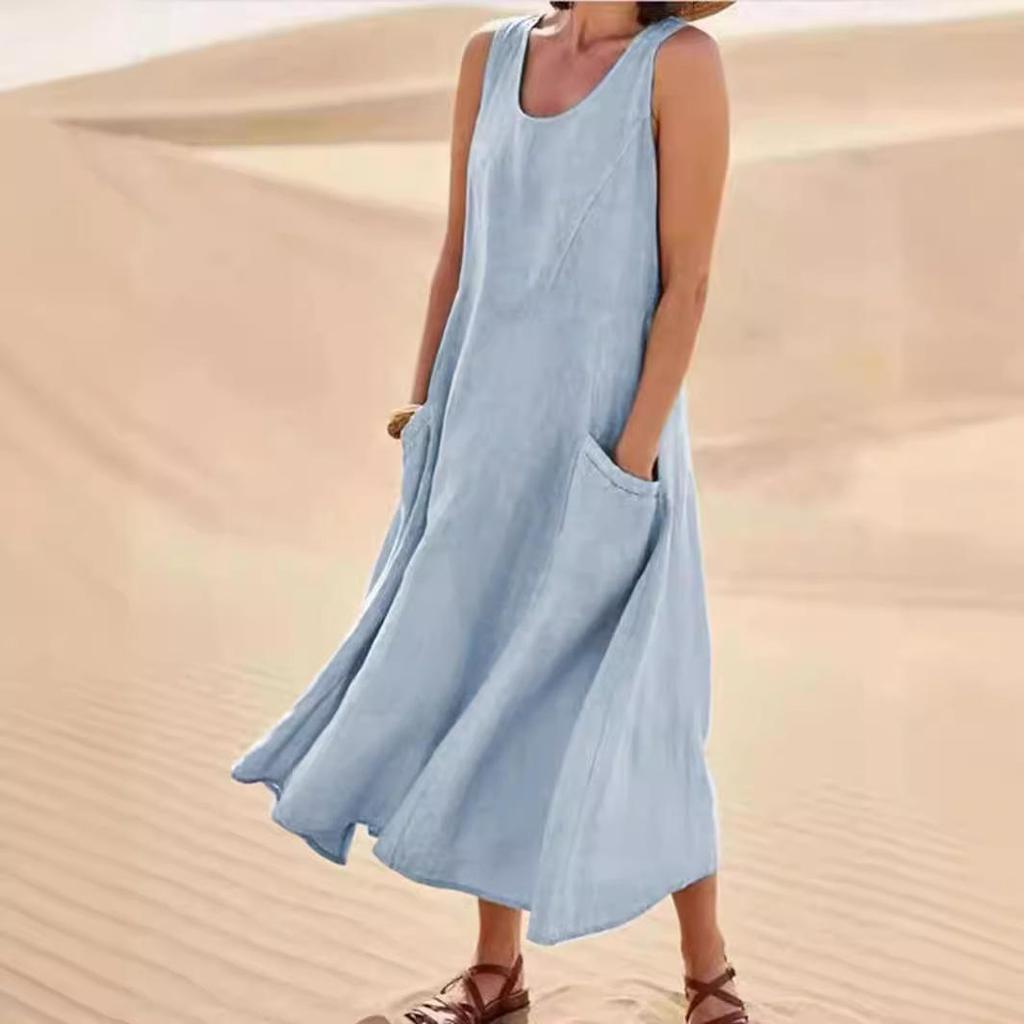 2026 Summer Women’s Sleeveless Round Neck Cotton-Linen Maxi Dress with Pockets - Loose Casual A-Line Dress Women's Clothing