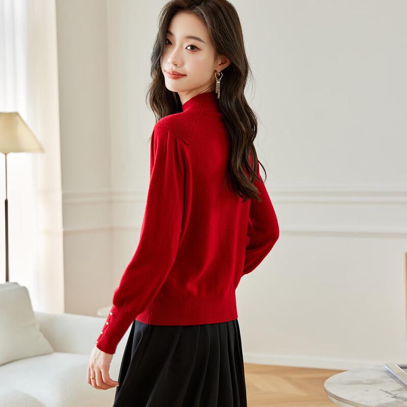 Srcr Women's 100% Wool Beaded Semi-High Collar Short Sweater