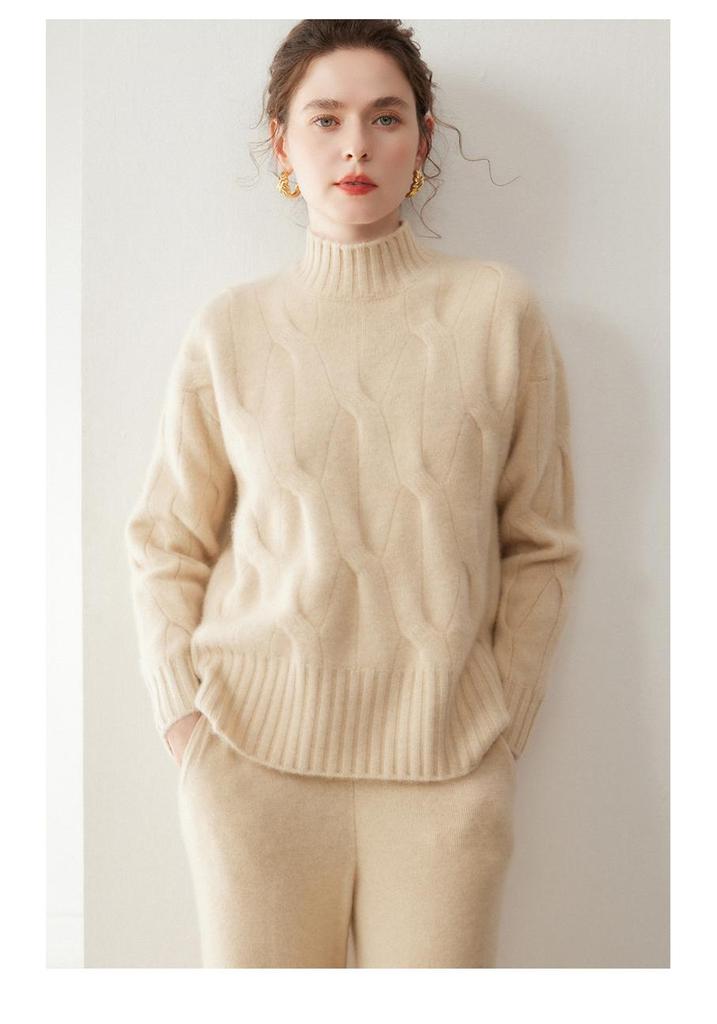 Women's Cashmere Half-High Neck Cable Knit Pullover - Thick, Loose & Cozy for Autumn/Winter.