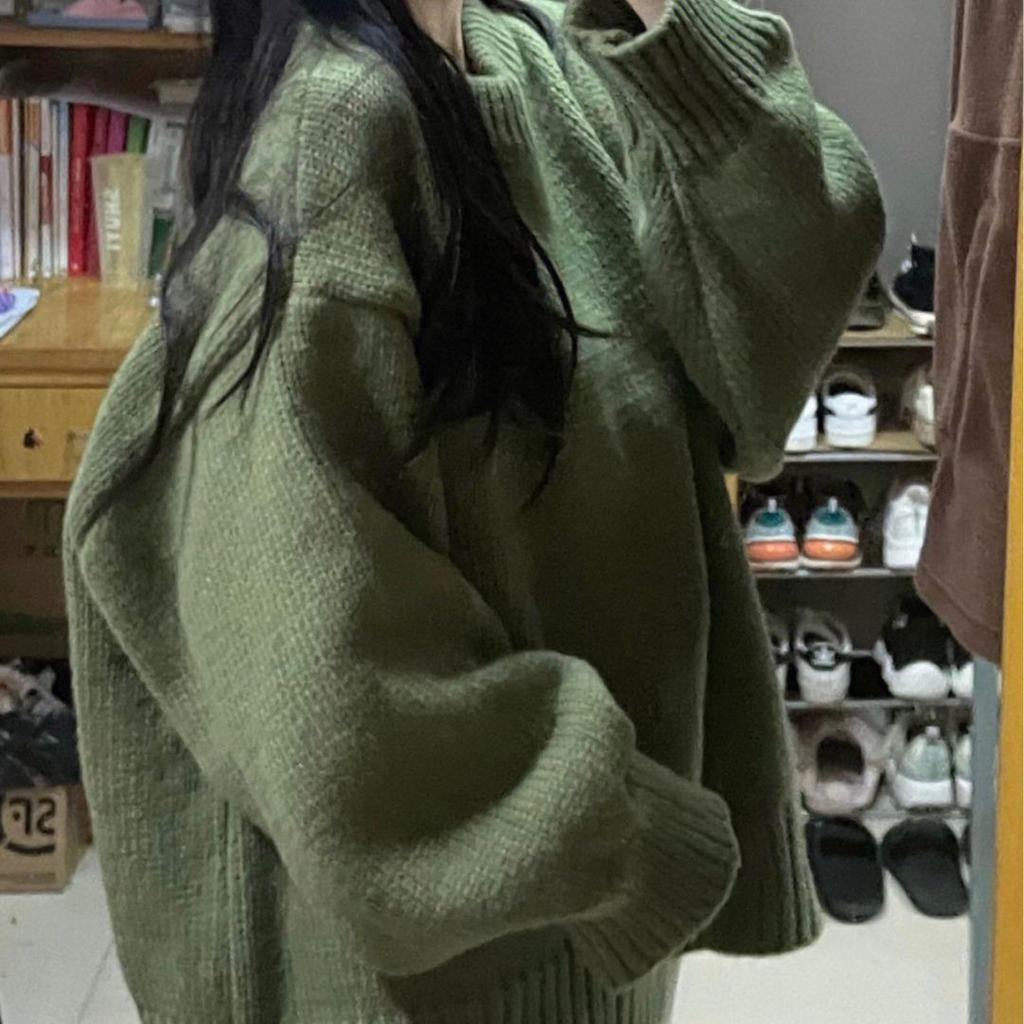2023 Women's Thick Green Pullover Sweater - Retro Japanese Style for Autumn/Winter