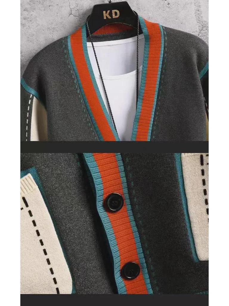 Pánský pletený kardigan s výstřihem do V - Móda jaro/podzim 2024, Svetr s barevnými bloky, Bunda v punkovém stylu