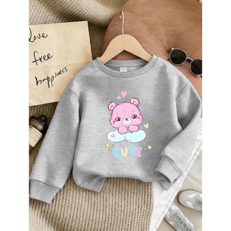 European sizes Cute Pink Bear Print Girls' Hoodie, Round Neck, Long Sleeve, for 0-3 Year Old Baby Girls, Ideal for Spring and Autumn.