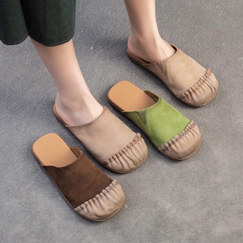 Fashion GKTINOO 2025 Summer New Genuine Leather Casual Comfortable Mixed Colors Round Toe Flat Slippers Versatile Women's Shoes