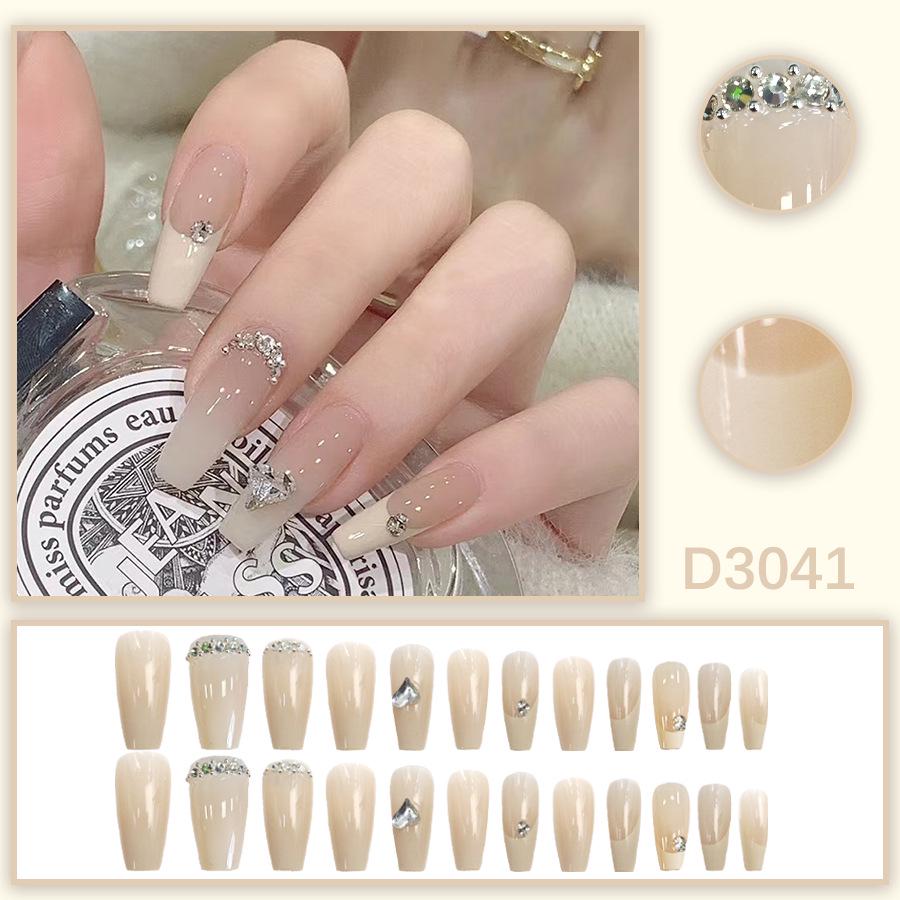 Elegant Long French Style Press-On Nails with Rhinestones for a Brightening Finish