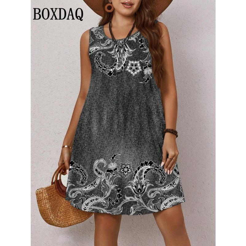 Women Floral Print Casual Elegant Round Neck Sleeveless Dress Beach Sundress Holiday Loose Boho Female Plus Size Clothing Summer