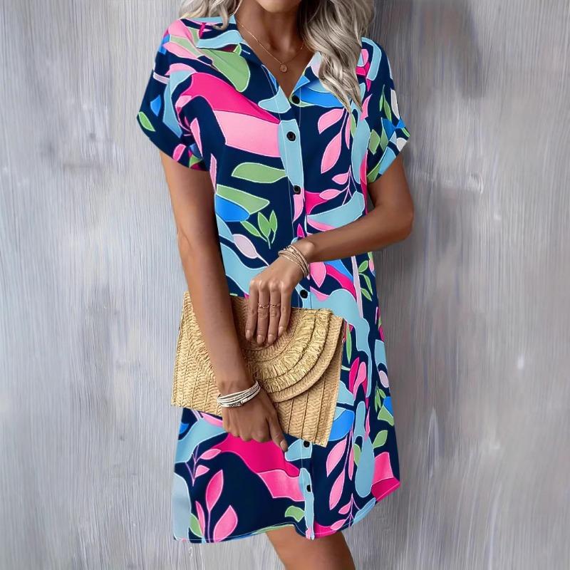 Women's Summer Fashion Temperament Commuter Short-sleeved Printed Shirt Button Dress