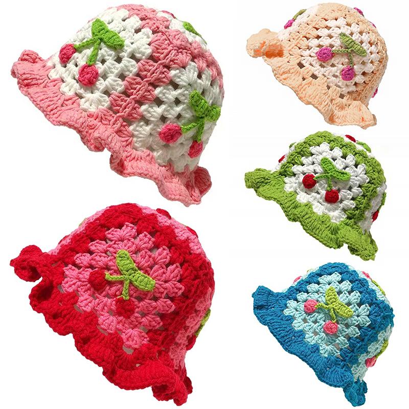 Women Cherry Theme Stretchy Knitted Hat Fashion Hollow Ruffles Vibrant Bucket Hat Bowler Hat Handmade Crochet Cute 58cm
