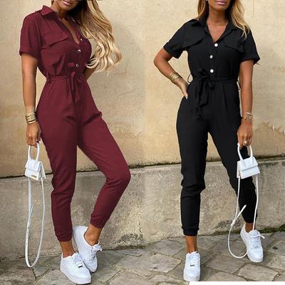 Cozyoutfit Women Summer Buckle Printed Belt Overalls Turn-down Collar Short Sleeve Casual Jumpsuit