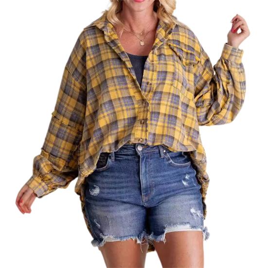 Chemise Femme Revers Manches Longues Poches à Rabat Hauts de Chemise Boutonnage Simple Bord Frangé Effet Vieilli Coupe Oversize Veste Chemise