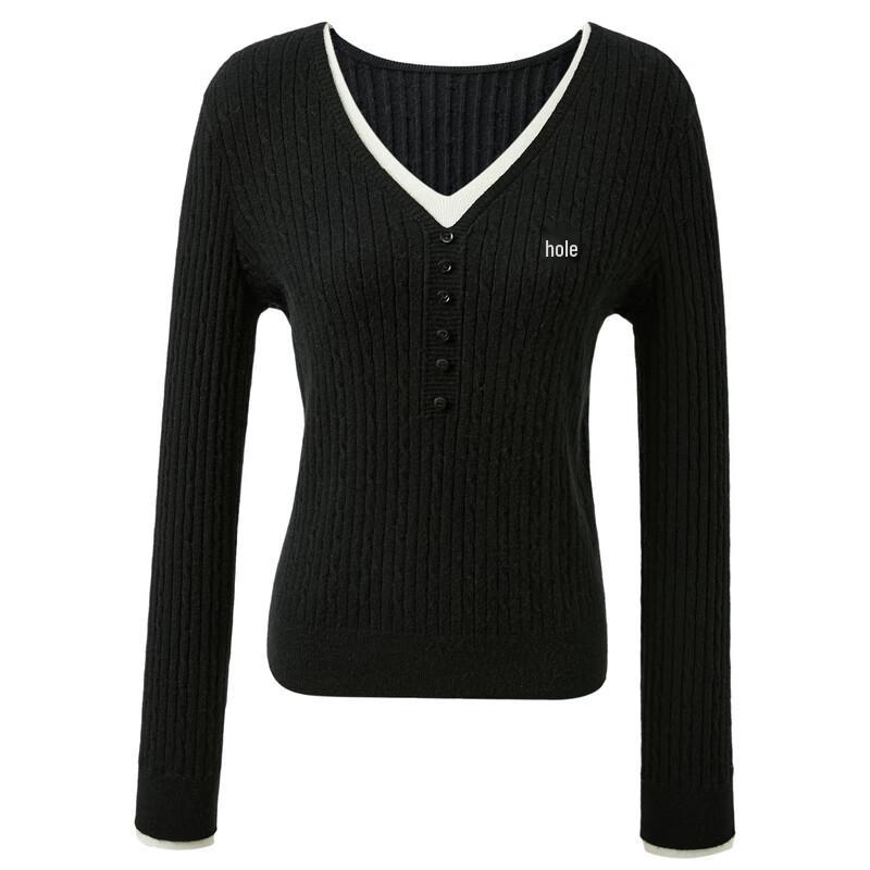 Sancai 2025 Winter V-Neck Embroidered Faux Two-Piece Knit Pullover