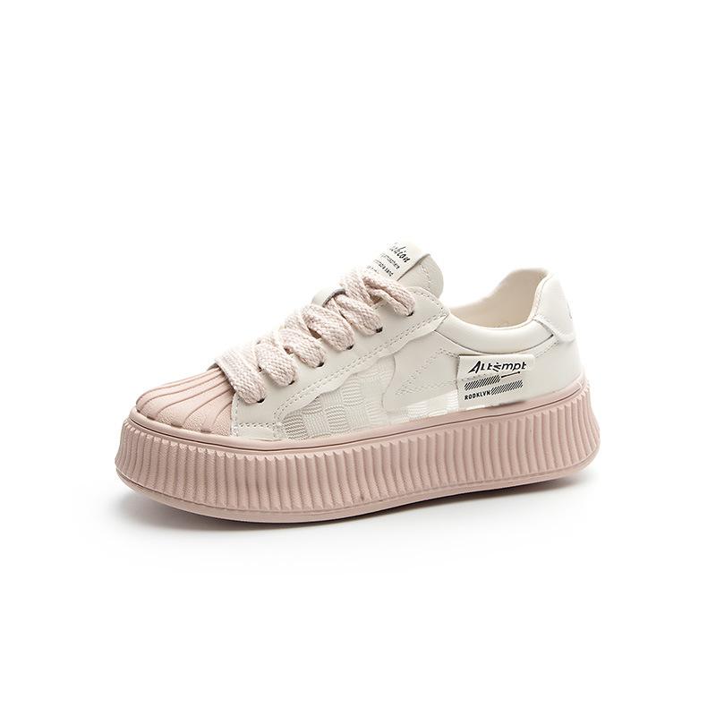 Spring new little white shoes women's leather thick-soled heightening fashion shell head board shoes lace-up casual sports shoes