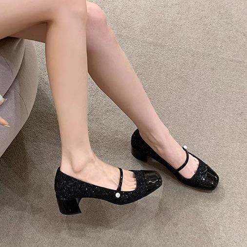 Grape Mother, the Same Style, Sparkling Sequins, Small Fragrant Style Square Head, One Word with Thick Heels, Mary Jane Shoes for Women, Medium Heels,