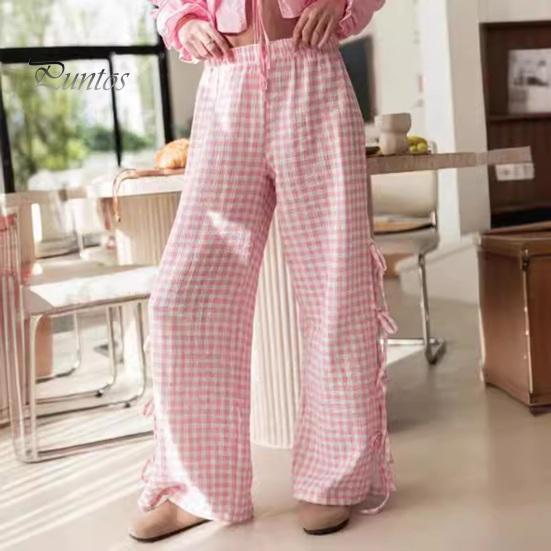 

Женские повседневные брюки с клетчатым принтом и эластичной резинкой на талии, широкие брюки средней посадки с боковым разрезом и бантом на шнуровке, летние рабочие брюки для отдыха S розовый