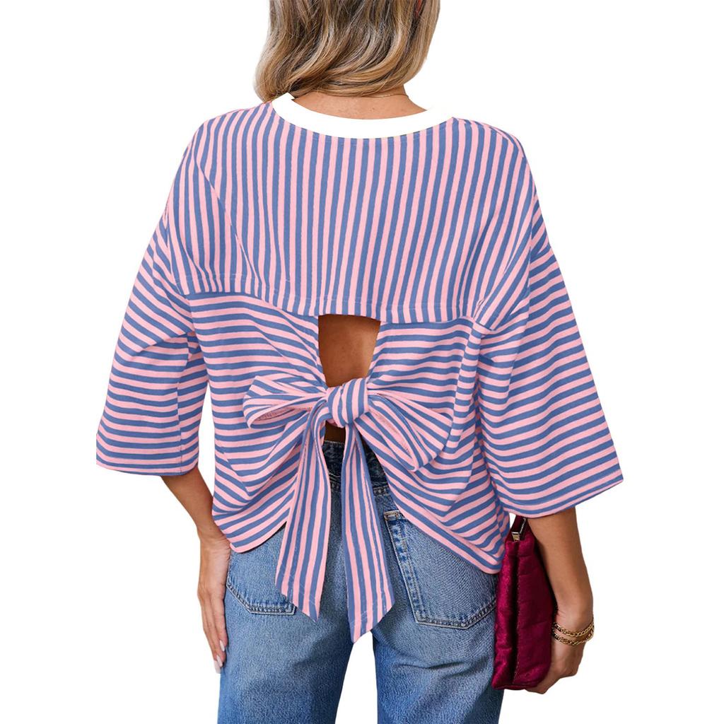 Damen Freizeit Pullover mit Streifen, Rundhalsausschnitt, Rückenausschnitt und Bindeband, Lockerer Schnitt, Modisches Oberteil für den täglichen Gebrauch