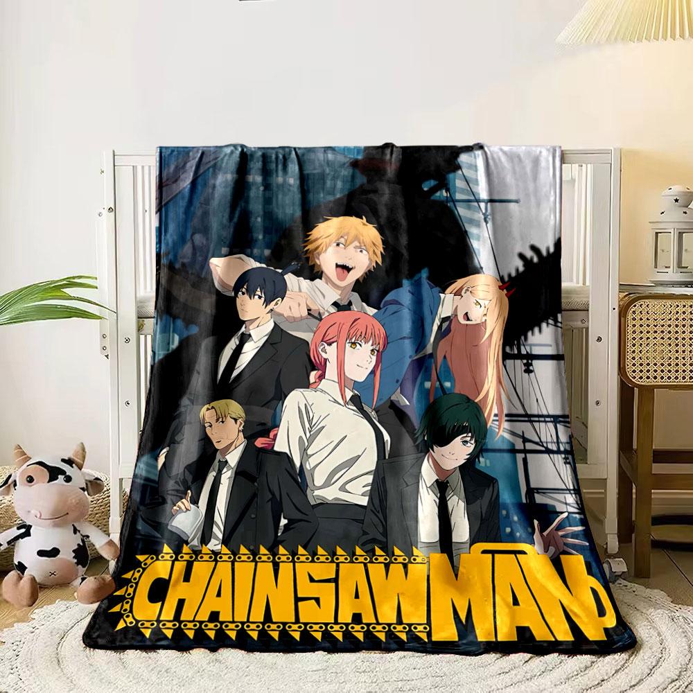 A group of characters in suits with a large chainsaw figure behind them. for all seasons blanket lunch break throw gift