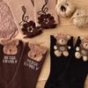 Women's Cute Cartoon Bear Mid-Calf Socks, Cotton Feather Yarn, Thick and Cozy, Black Japanese Style.